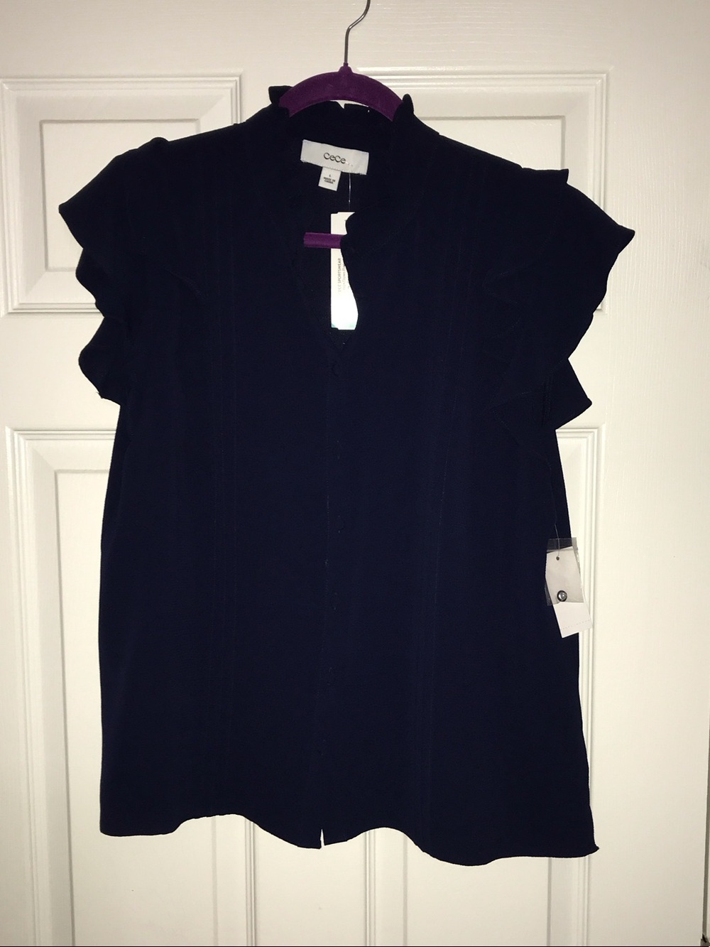CeCe Black Flutter Sleeve Split-Neck Blouse